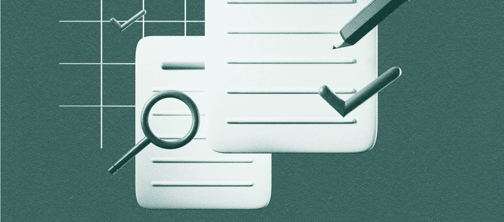 Illustration of checklists, a magnifying glass, and a checkmark representing a structured QA and review process.