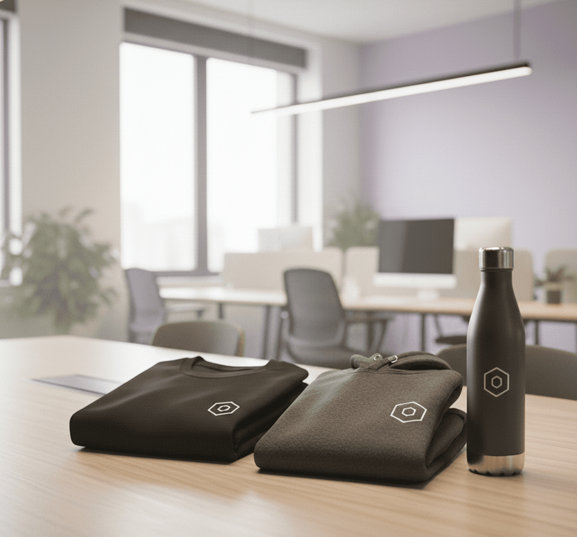 Example swag pack for copmanies including a t shirt, hoodie, and custom water bottle with company logo printed. 