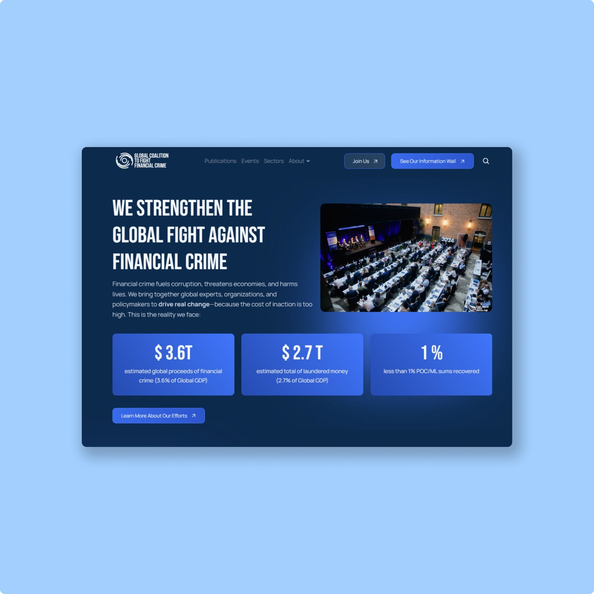 Screenshot of The Global Coalition to Fight Financial Crime's hero section design on a light blue background