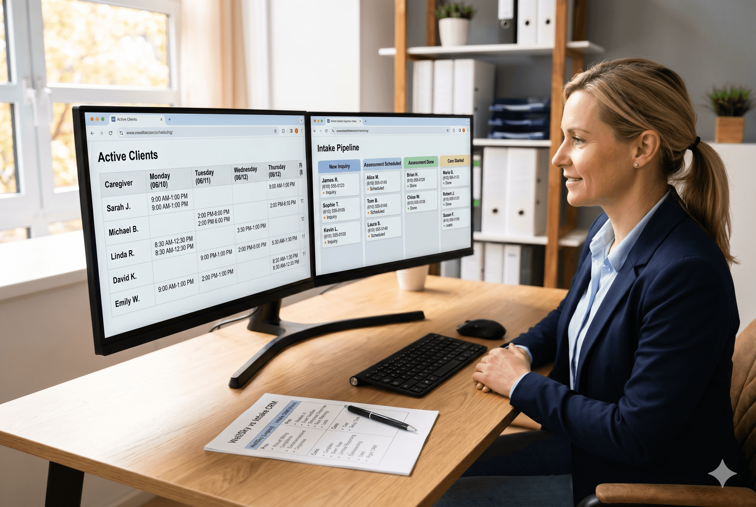 A professional home care agency owner sits at her desk, viewing a dual-window monitor display of an "Active Clients" scheduling grid and an "Intake Pipeline" CRM. On the desk lies a printed comparison sheet titled "WellSky vs Intake CRM" with a pen resting across it.