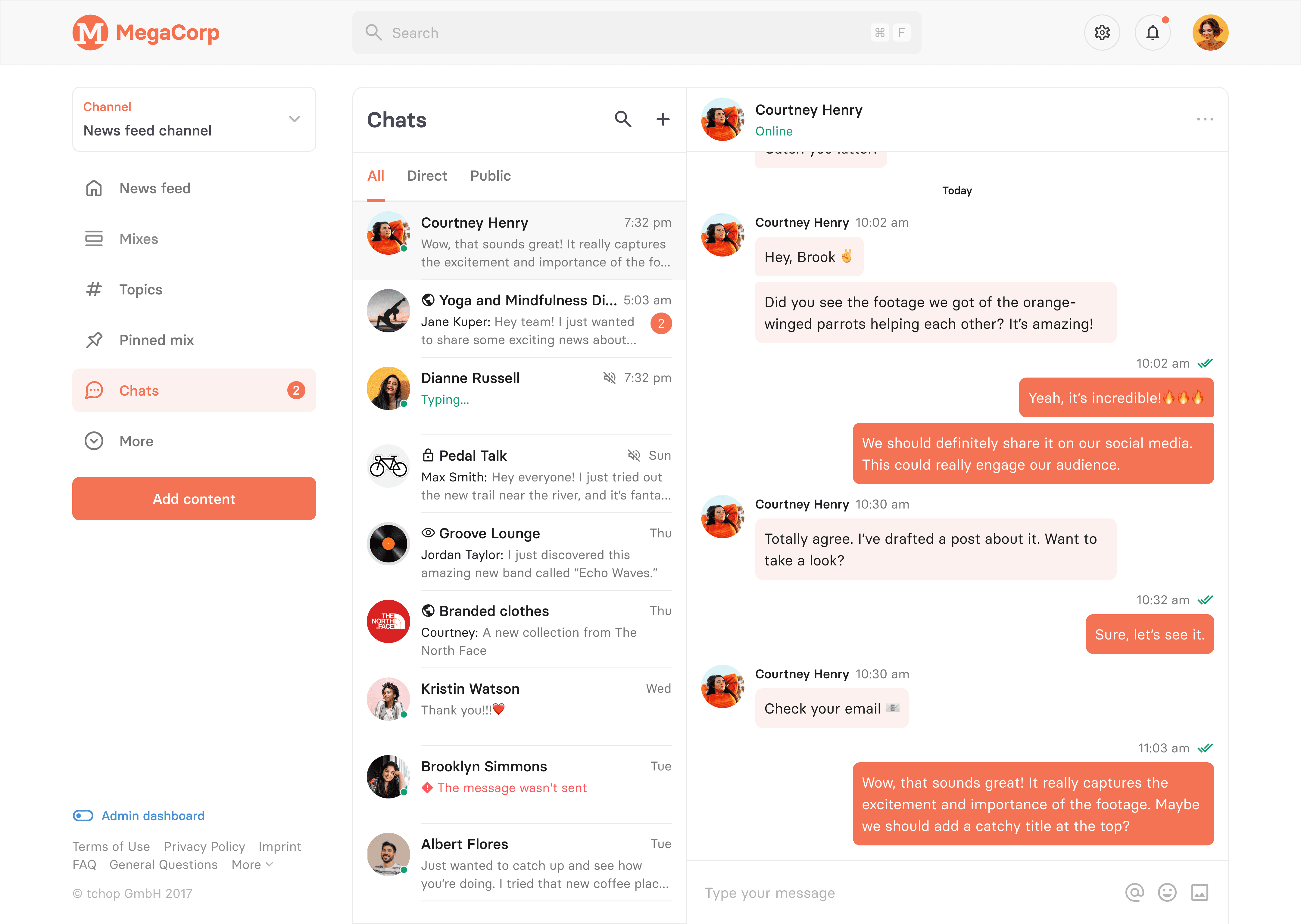 tchop™ Webanwendung-Chatoberfläche, die direkte und Gruppen-Chats zeigt, einschließlich Gespräche über Content-Sharing, Team-Updates und Echtzeitzusammenarbeit.