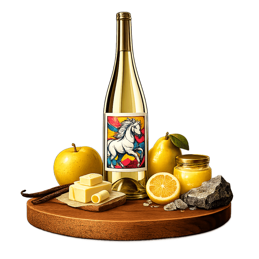 Artistic label and flavor profile for Slovenian Chardonnay on a rustic wooden table.