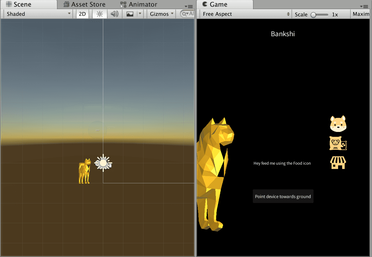 AR interface prototype showing a golden Shiba Inu in a real-world environment, created in Unity for habit-building savings interaction.