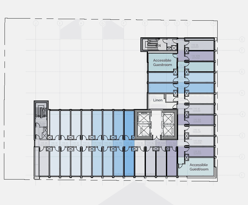 Typical modular guestroom floor plan with color-coding identifying like modules.