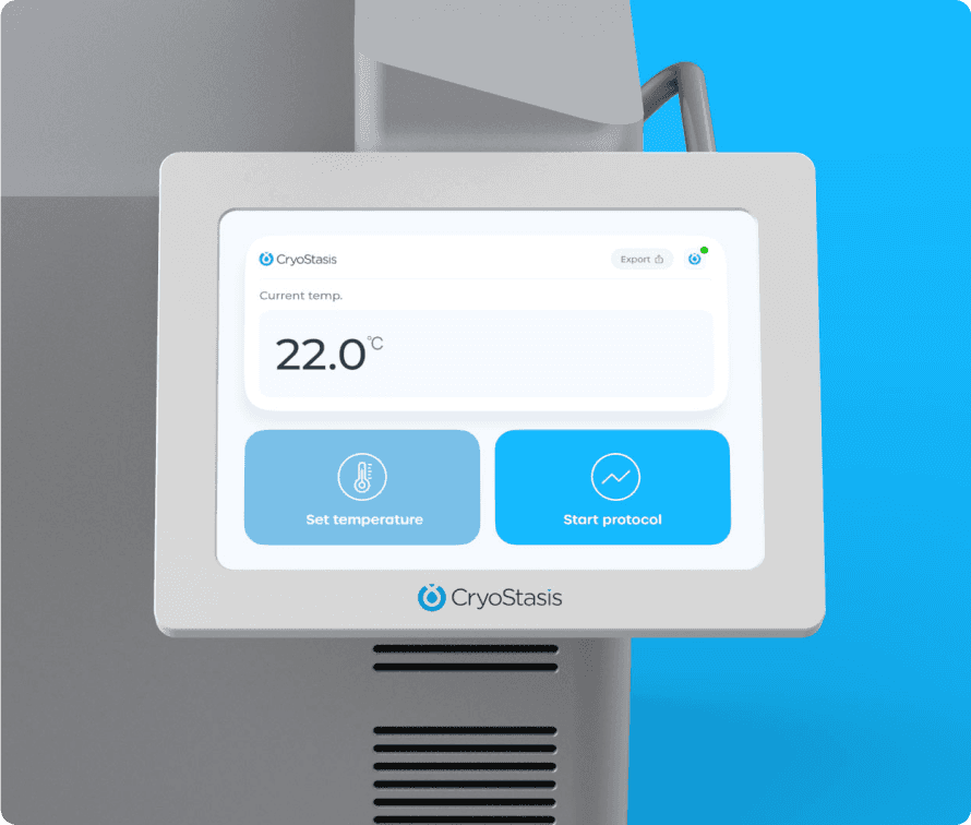 Close-up of the attached tablet displaying the developed UI, showcasing real-time temperature monitoring and control features for the Cryostasis fridge system.