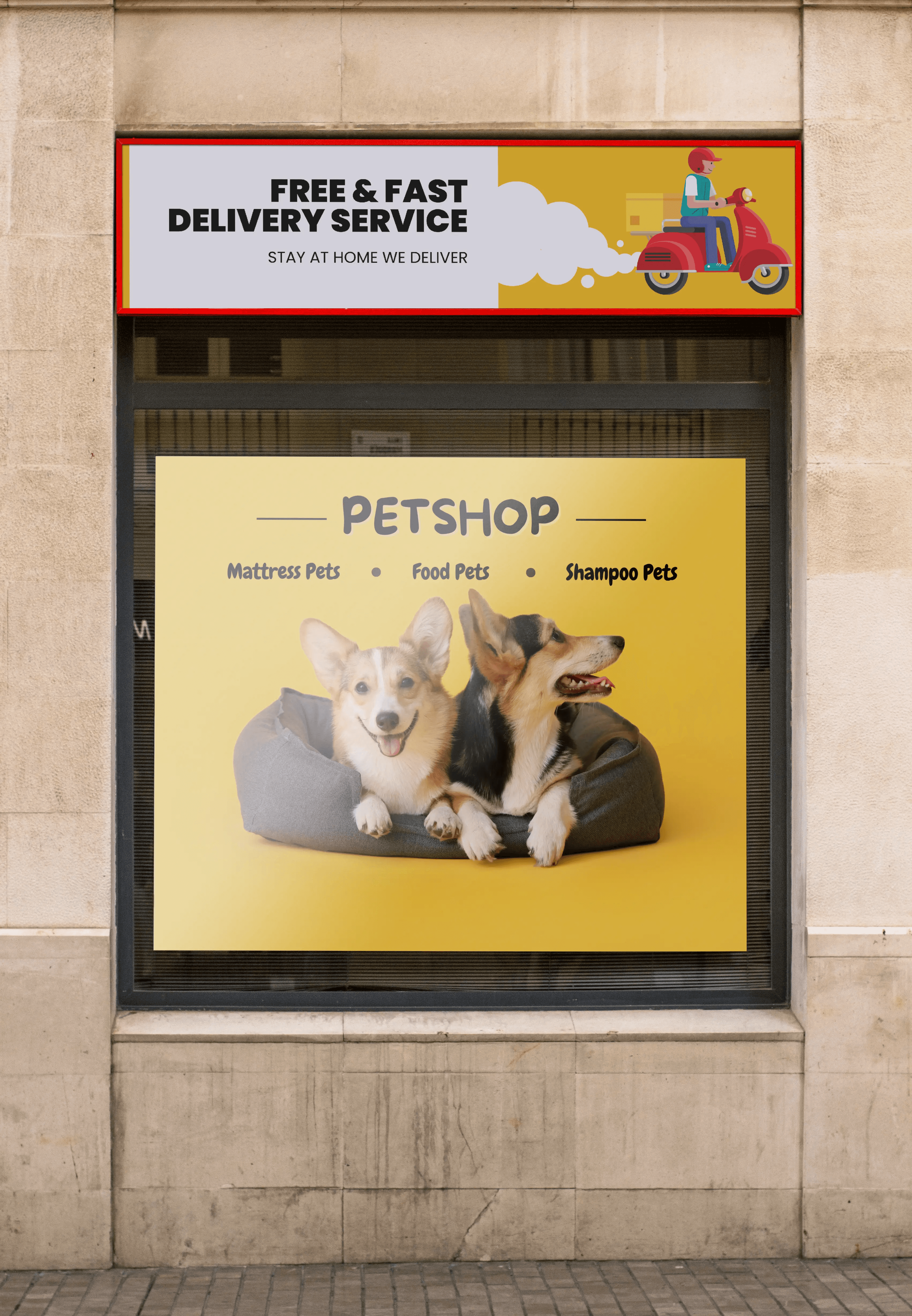 Retail window digital signage for a pet shop showcasing products and services with eye-catching promotional visuals.