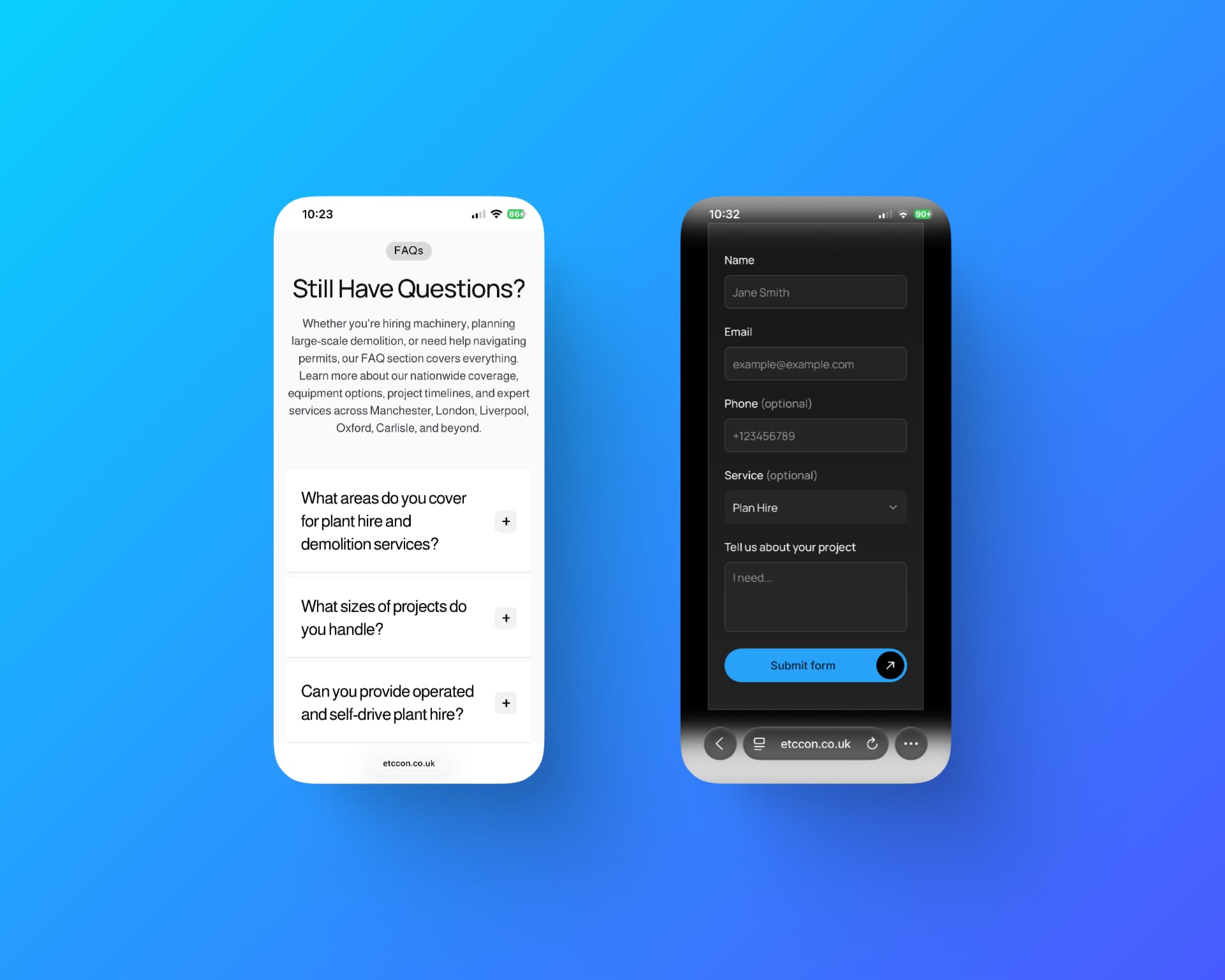 Mobile website interface for ETC Contracting & Consultants showing FAQ section and enquiry form for plant hire, demolition, and civil engineering services.