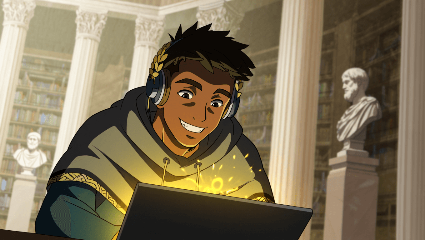 Smiling student looking at a laptop in a bright, modern setting