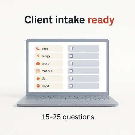 Client intake ready thumbnail showing intake form categories and “15–25 questions” on laptop for menopause coaches complete intake question generator AI prompt