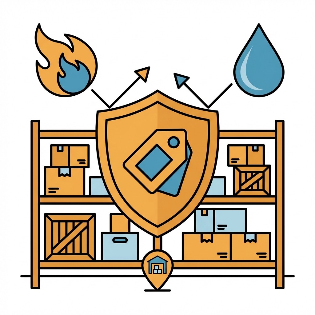 Grafik: Schutzschild vor Lagerregal wehrt Feuer und Wasser ab. Symbolisiert Versicherungsschutz für Waren.