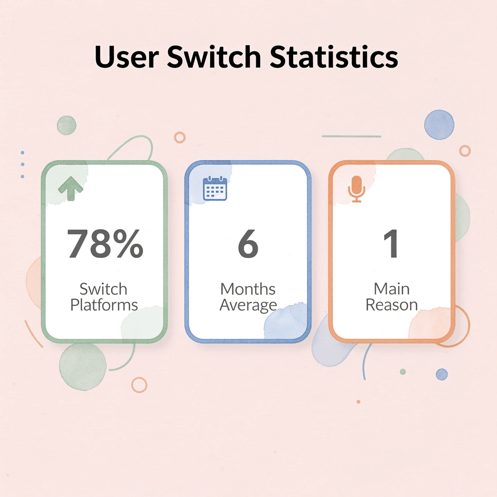 Statistics showing 78% of users switch platforms after 6 months due to speaking practice limitations