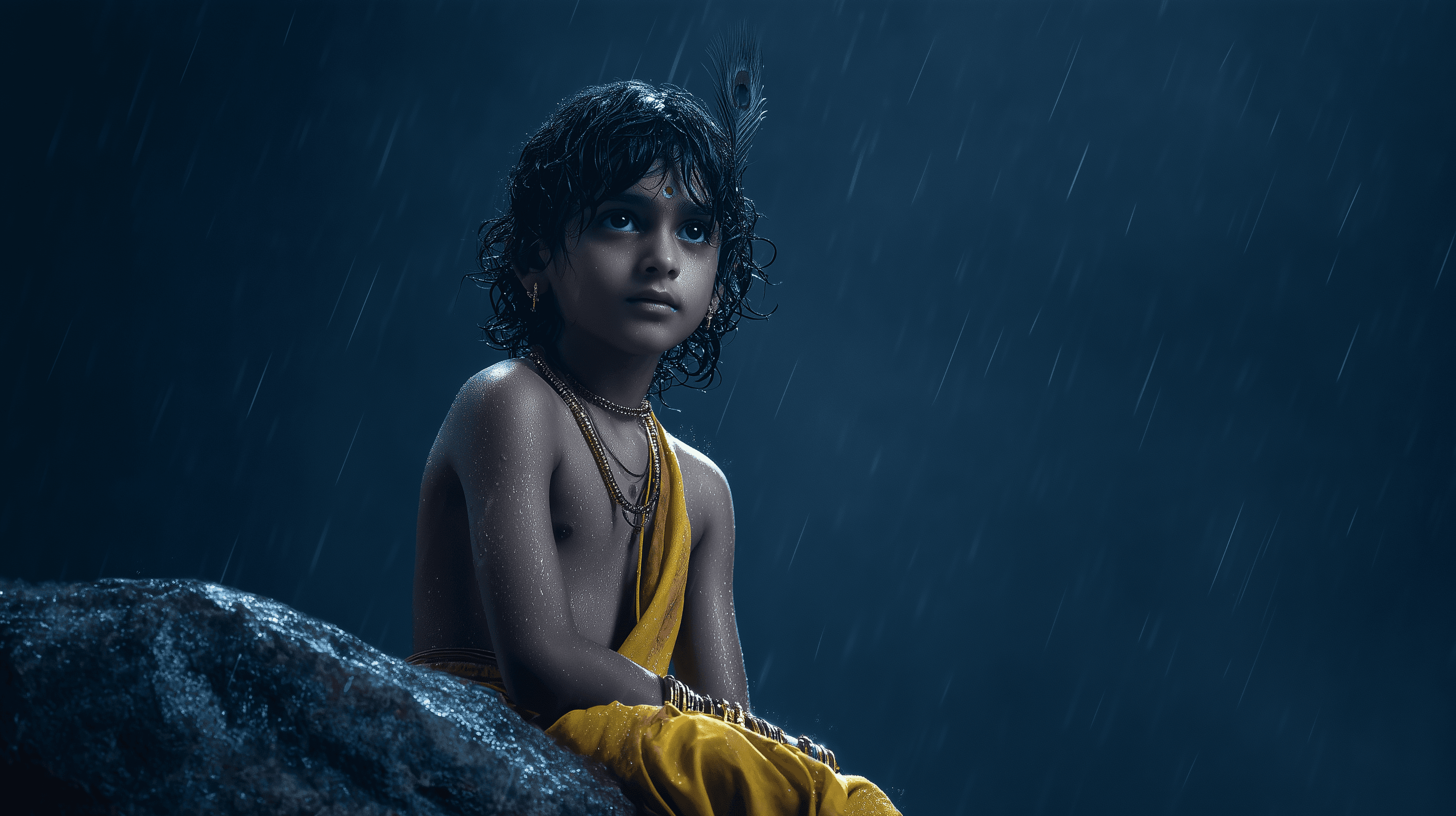 Krishna Lifting Govardhan Under Stormy Skies