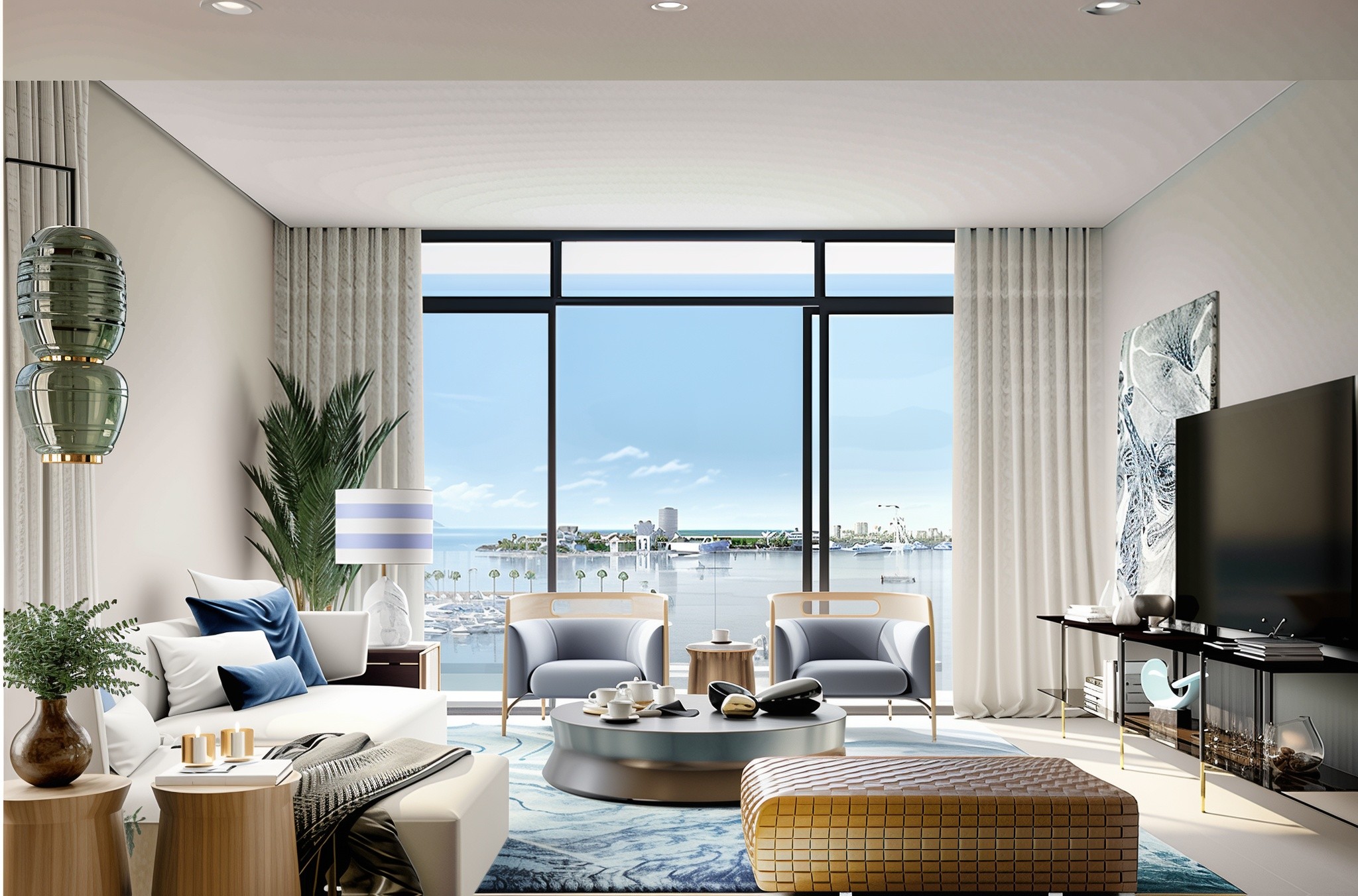Rendering of a modern living room in the Seagate oceanfront development, featuring large windows and coastal decor.