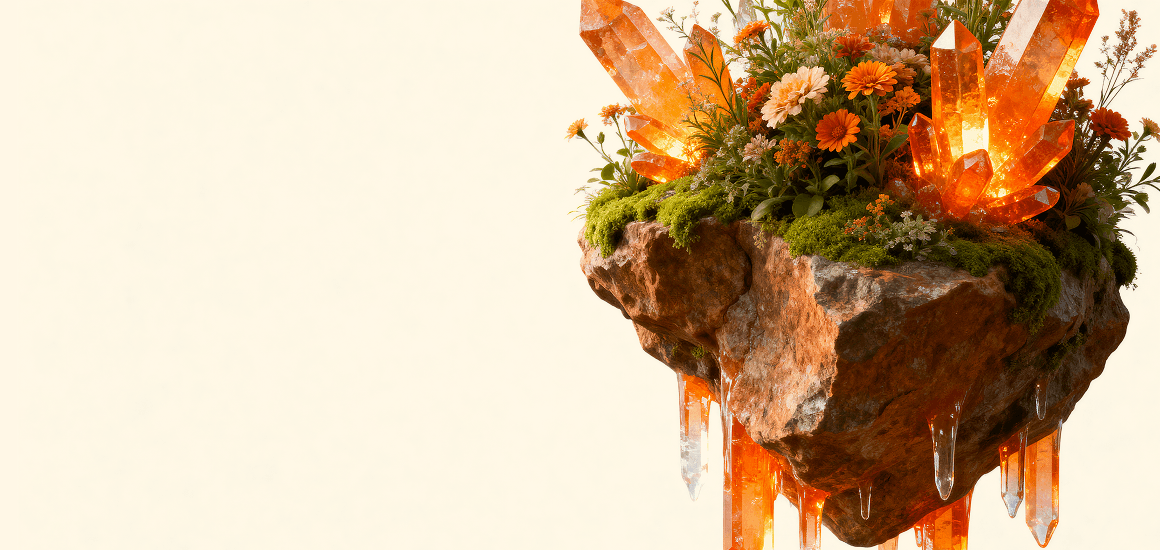 A surrealist 3D digital illustration of a floating rock island against a light cream background. The top of the rock is covered in lush green moss and vibrant orange and white wildflowers, interspersed with large, glowing orange translucent crystals. Similar long crystals and drips hang from the bottom of the rugged rock, appearing to glow from within