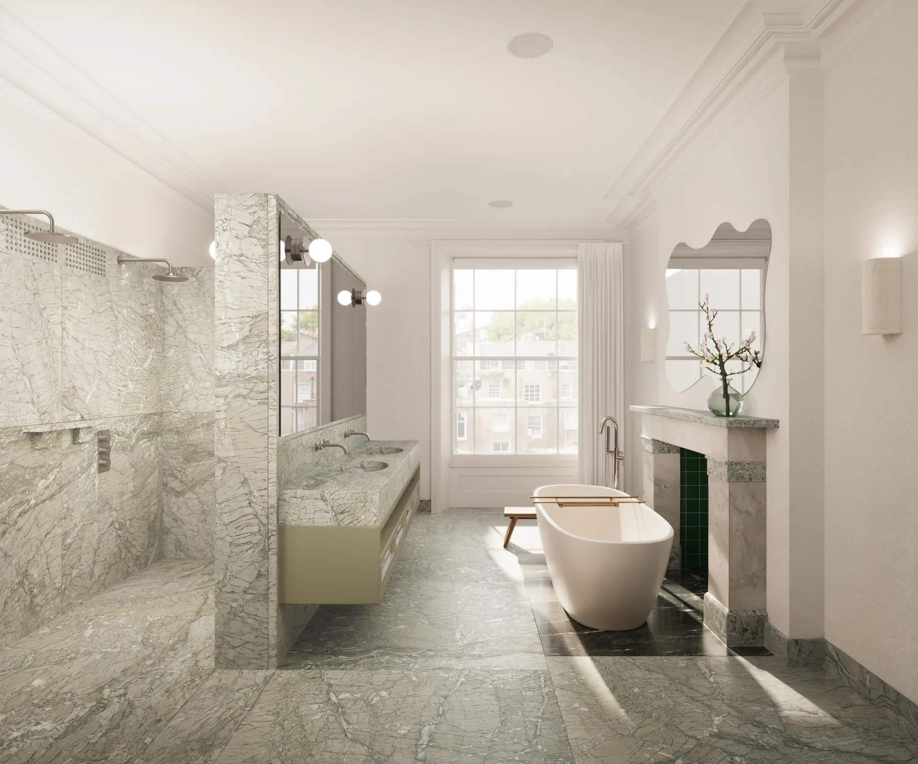 Bathroom with marble surfaces and natural light — Leinster House rendering
