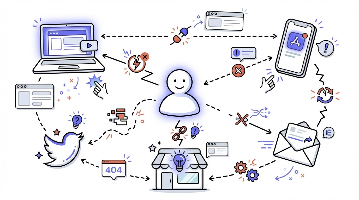 Diagram showing a customer avatar surrounded by various digital and physical touchpoint icons like a laptop, smartphone, and storefront. Broken, fragmented lines connect these elements, symbolizing a disconnected and inefficient multi-channel customer journey.