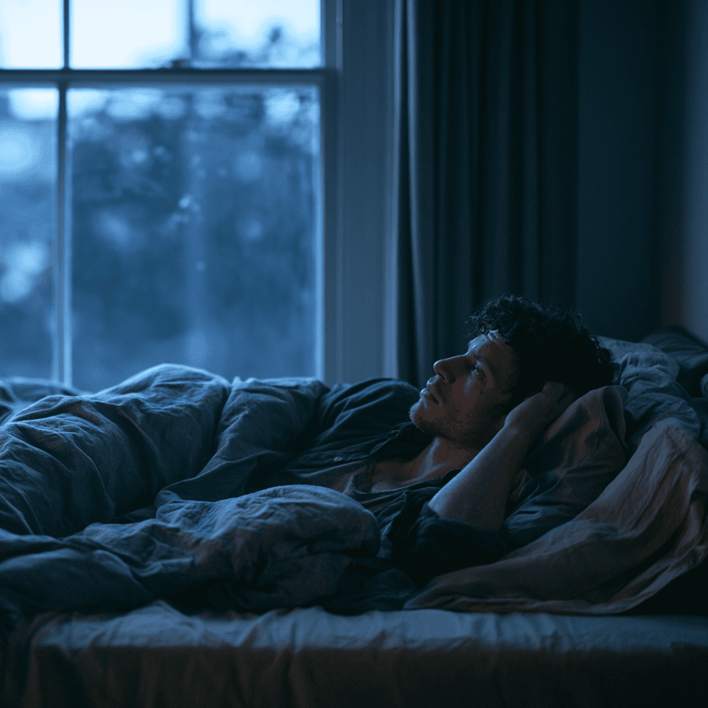 A man awake in bed in the early morning with tense shoulders