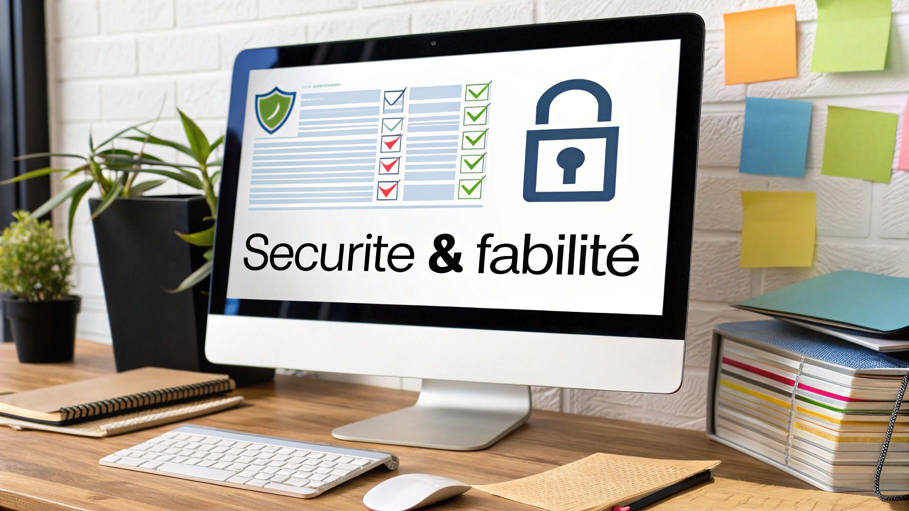 Écran d'ordinateur affichant 'Sécurité & fiabilité', avec icônes de cadenas et bouclier, sur un bureau moderne.