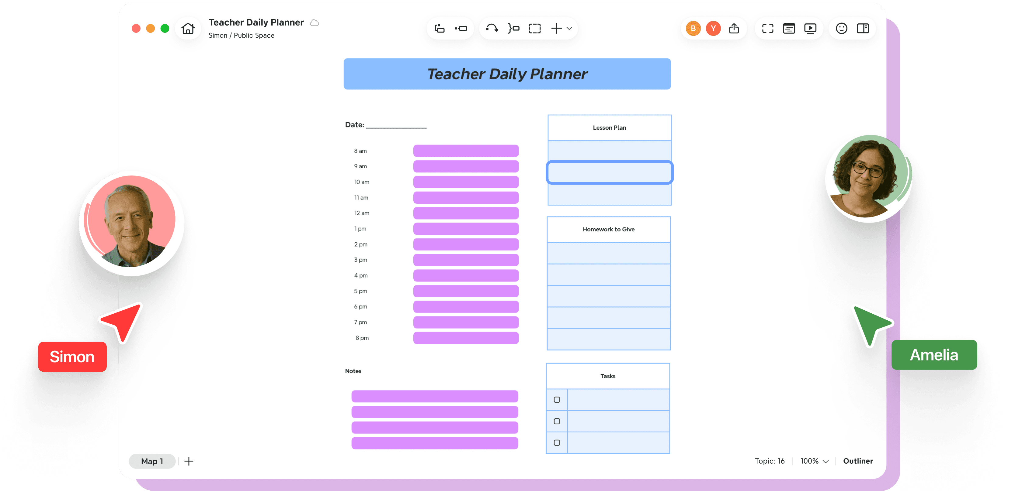 Teacher daily planner mind map designed for scheduling lessons and collaboration with peers