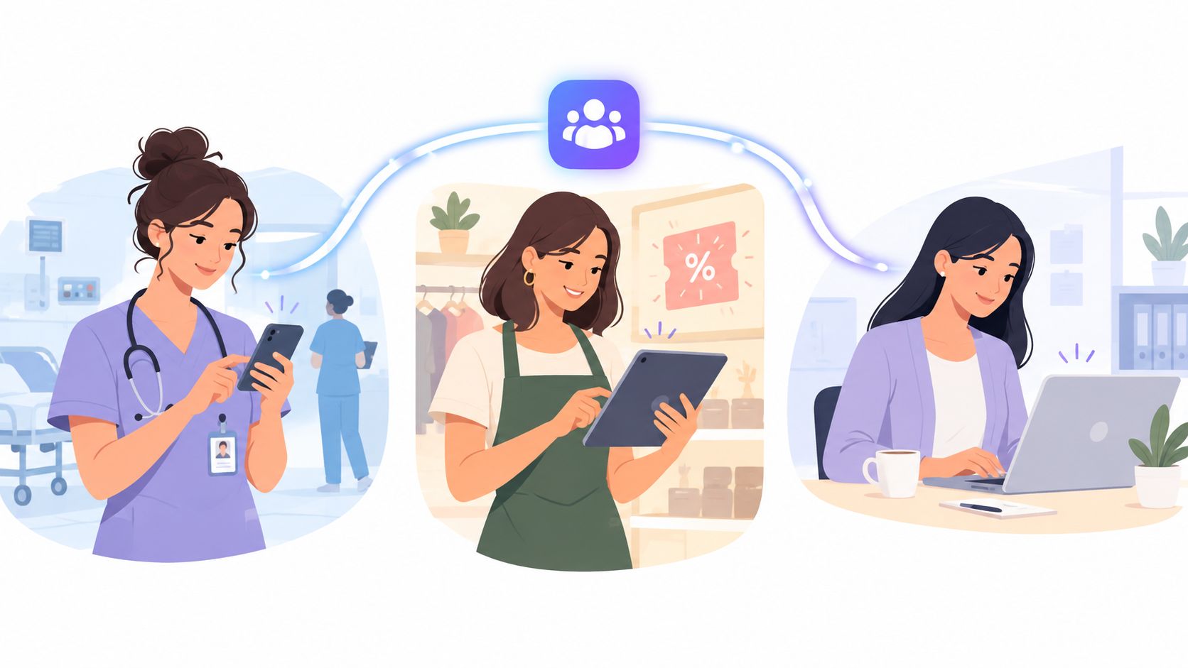 A digital illustration showing a nurse, retail worker, and office worker connecting through a central communication platform.