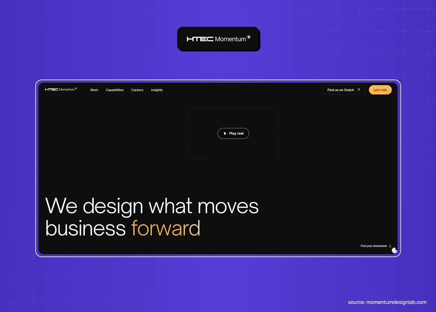 HTEC Momentum website featuring the headline “We design what moves business forward” on a dark, minimalist landing page. 