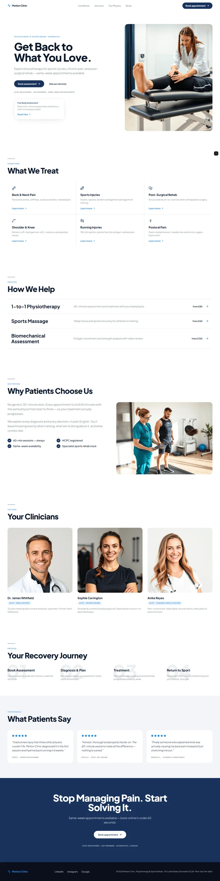 Physiotherapist website prompt full preview — white background with deep navy #1a2a4a primary and electric blue #2a7dd4 accent, Plus Jakarta Sans 800 split hero headline with treatment photography right side, floating "Free Body Assessment" UI card below CTAs at scale 0.9 to 1 animation, six-condition chip grid in three-by-two layout with navy lucide icons and hover glow, three hover-raise service rows with blue right-aligned pricing, and four-step recovery journey with faded navy background numbers