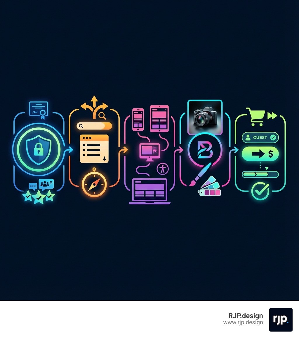 Infographic showing the five pillars of retail website design: trust and credibility with SSL certificates and reviews, intuitive navigation with clear menus and search, mobile responsiveness across all devices, visual appeal through high-quality photography and consistent branding, and optimized checkout with guest options and clear CTAs - retail website design infographic 