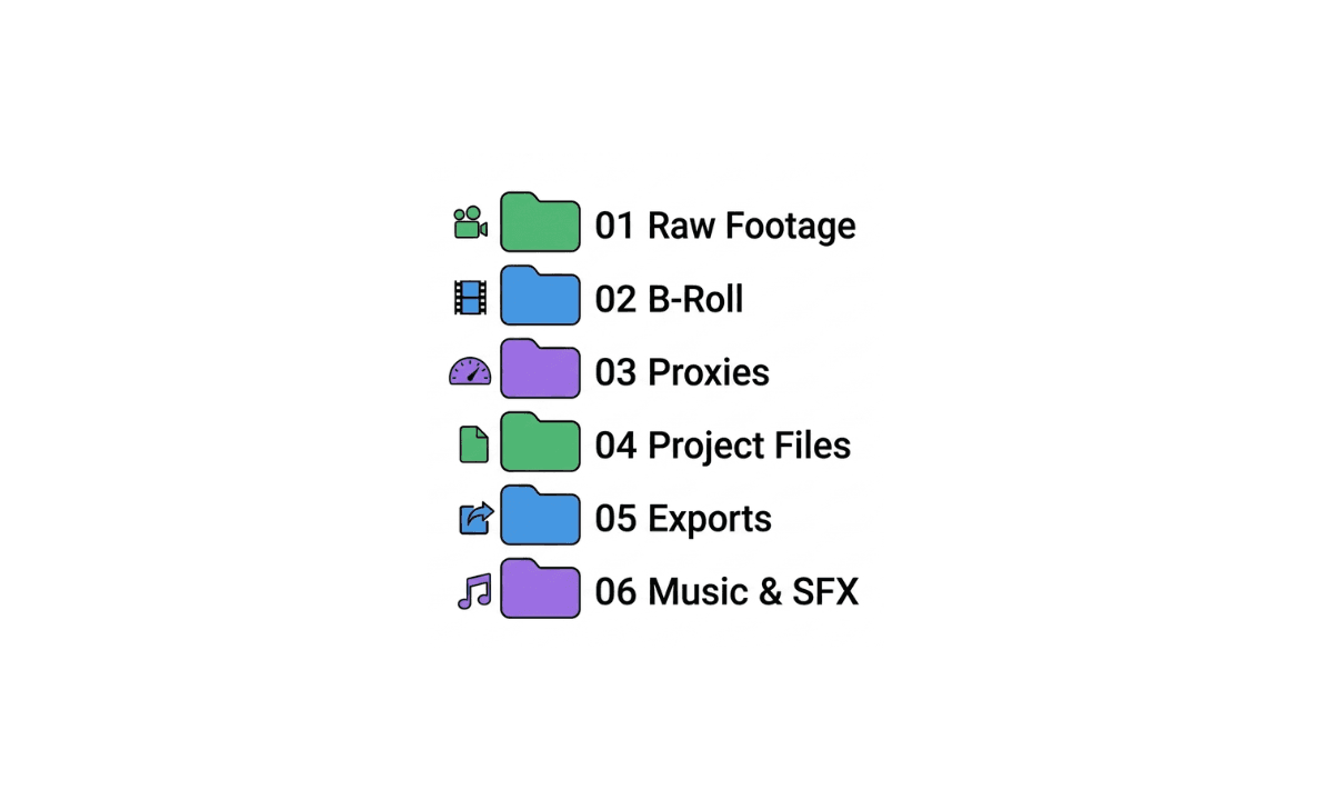 Flat illustration of a numbered video project folder structure with labeled folders for raw footage, B-roll, proxies, project files, exports, and music, representing a video file management system.