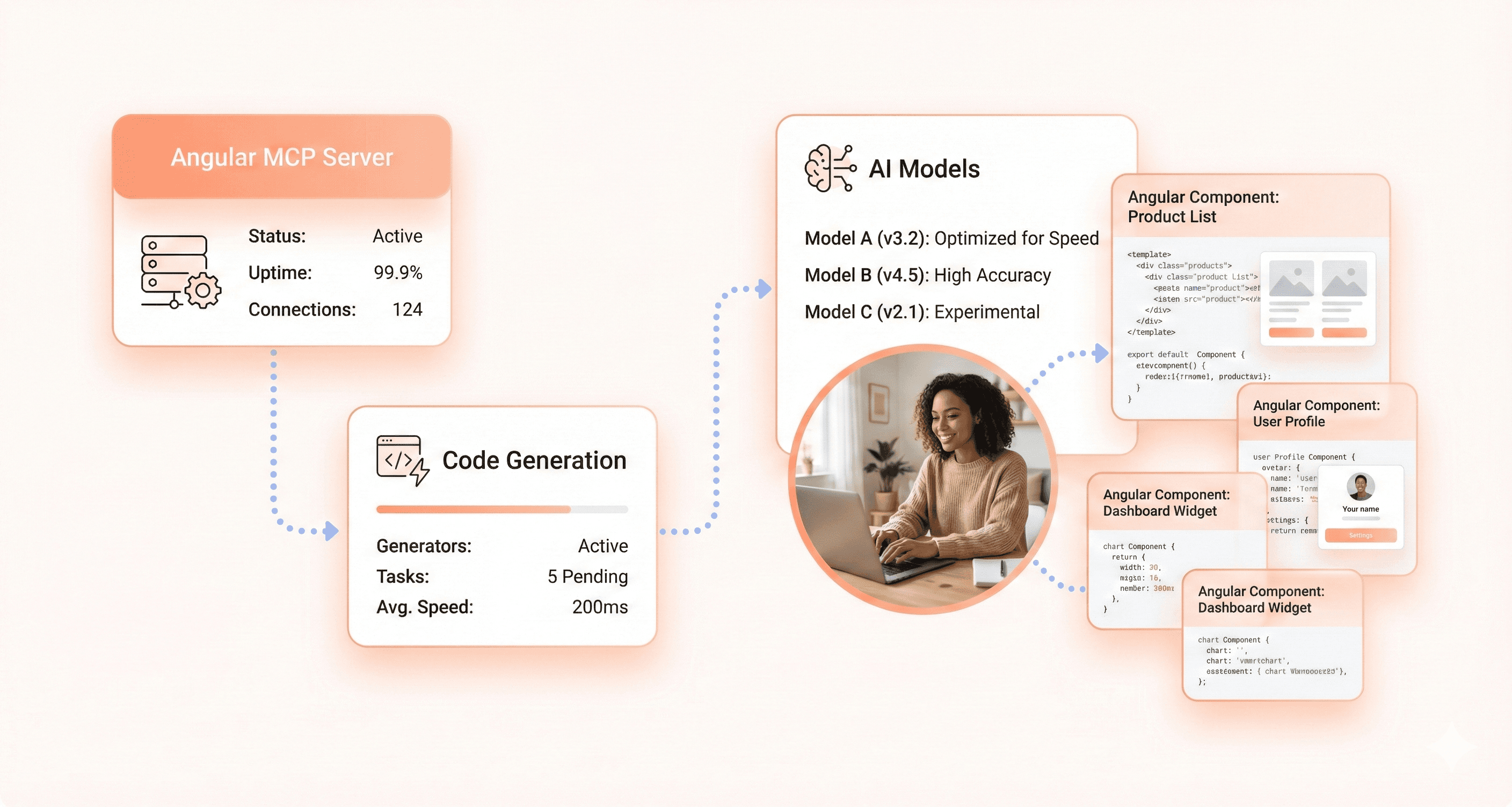 Angular MCP Server enabling AI-powered development workflows, showing code generation, multi-model AI integration, and secure backend architecture for modern Angular applications.