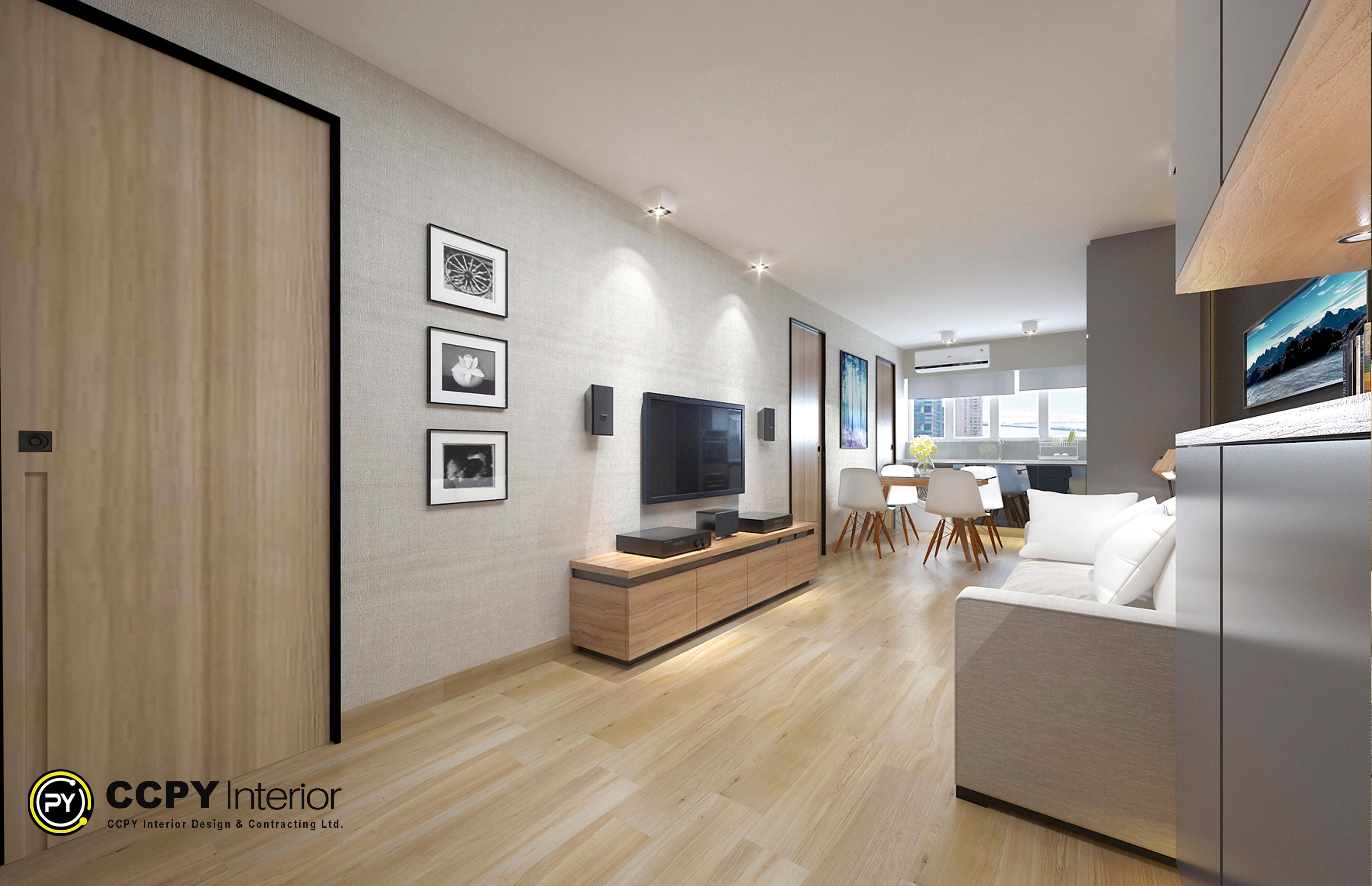 This interior design project showcases a modern, minimalist living space optimized for urban living.Design FeaturesSmart Space Planning: Built-in, low-profile cabinetry maximizes floor space.Warm Contemporary Aesthetic: Light wood grains pair with a neutral color palette.Texture Play: Subtle fabric textures contrast with sleek architectural surfaces.Integrated Lighting: Recessed ceiling spotlights create a bright, airy ambiance.