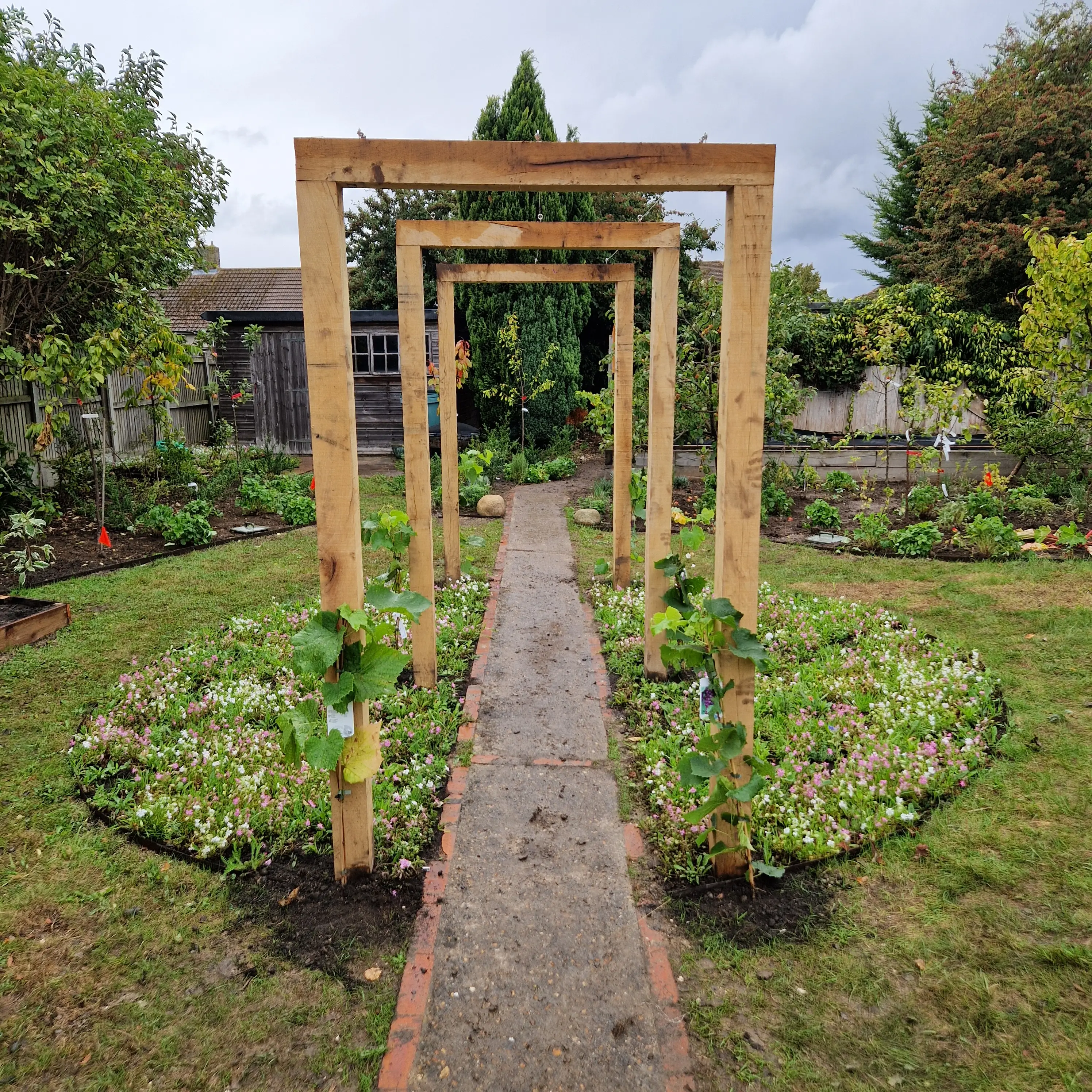 A garden pathway leads through a series of wooden arches surrounded by lush greenery and flowering plants.