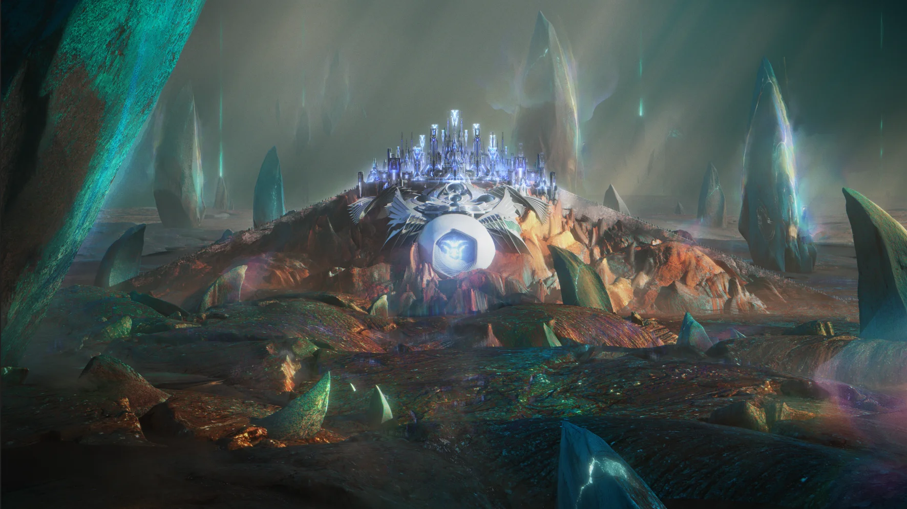 An image of a dazzling rocky terrain featuring a castle situated in its center