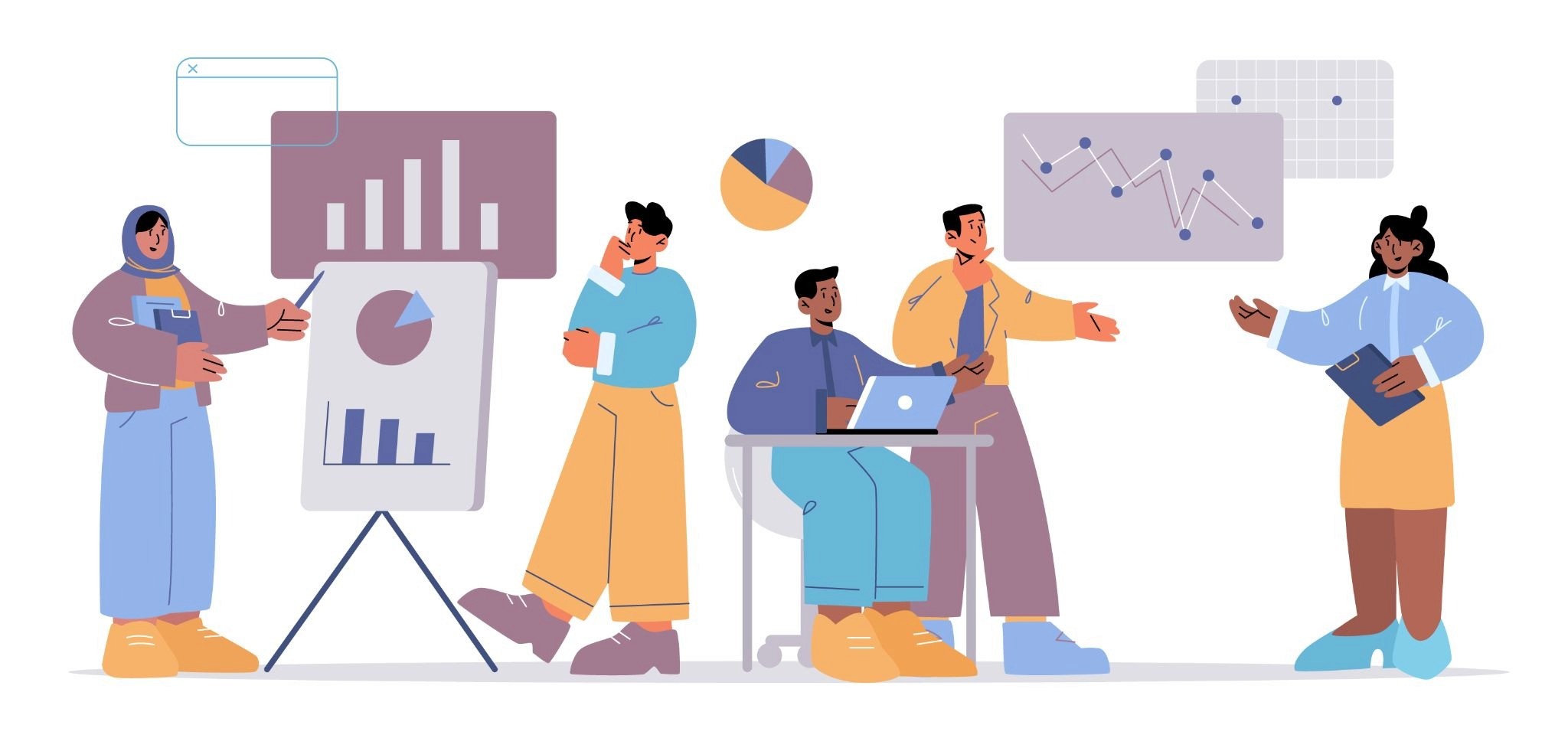 Flat illustration of a marketing team reviewing campaign performance charts and analytics