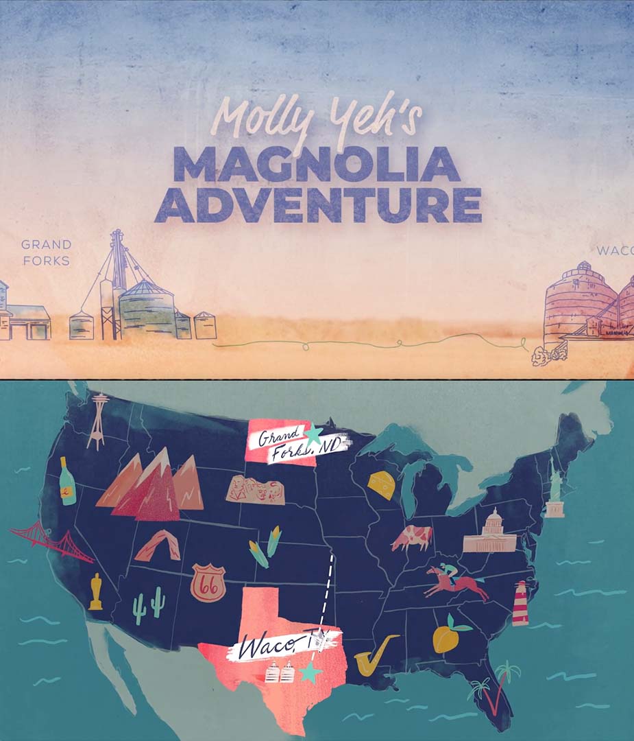 Custom illustrated key art and U.S. map graphic for Molly Yeh’s Magnolia Adventure, visually connecting Grand Forks, ND to Waco, TX as part of a branded broadcast and marketing package developed for Food Network.