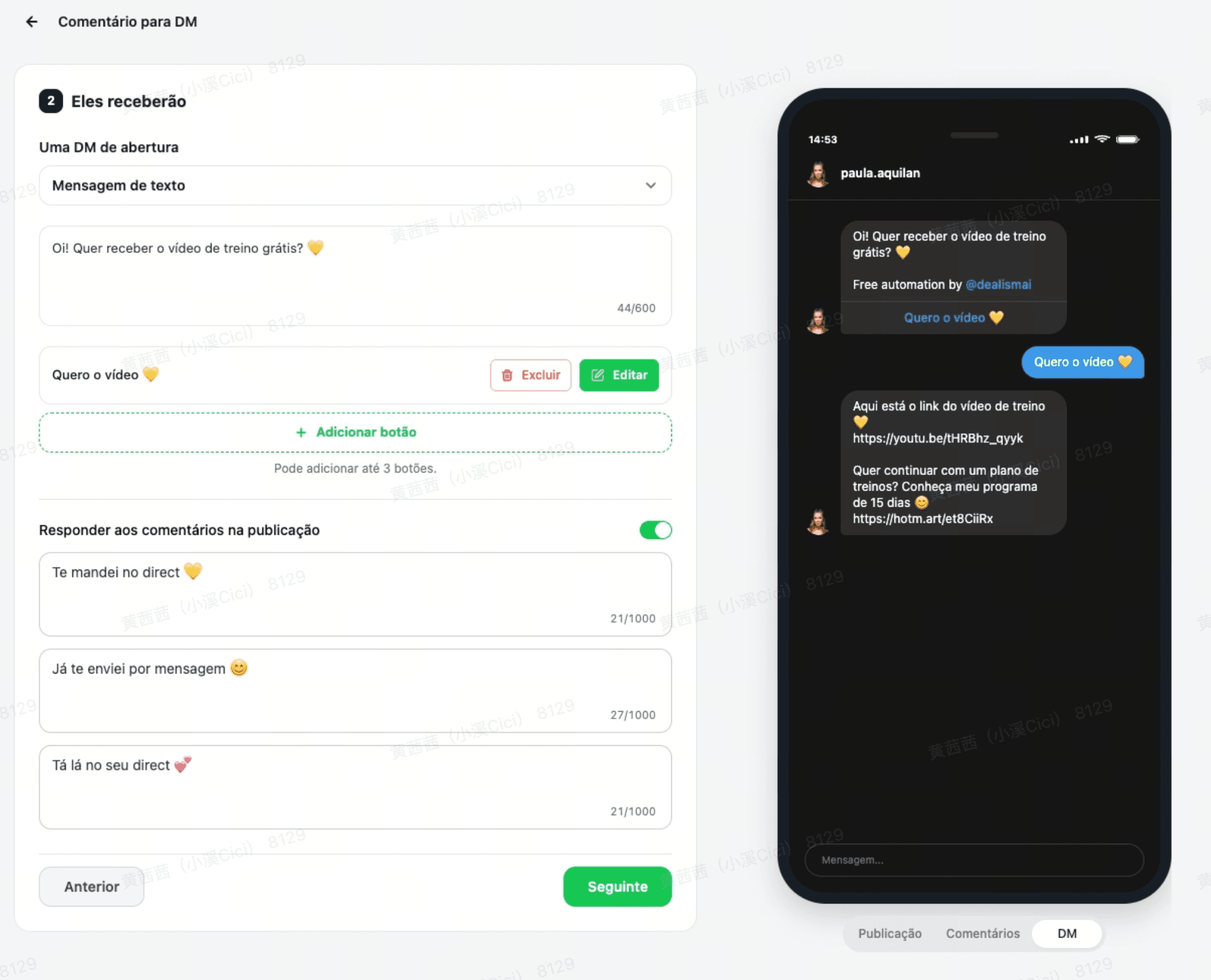 Paula’s actual Comment-to-DM configuration and conversation preview in Portuguese.