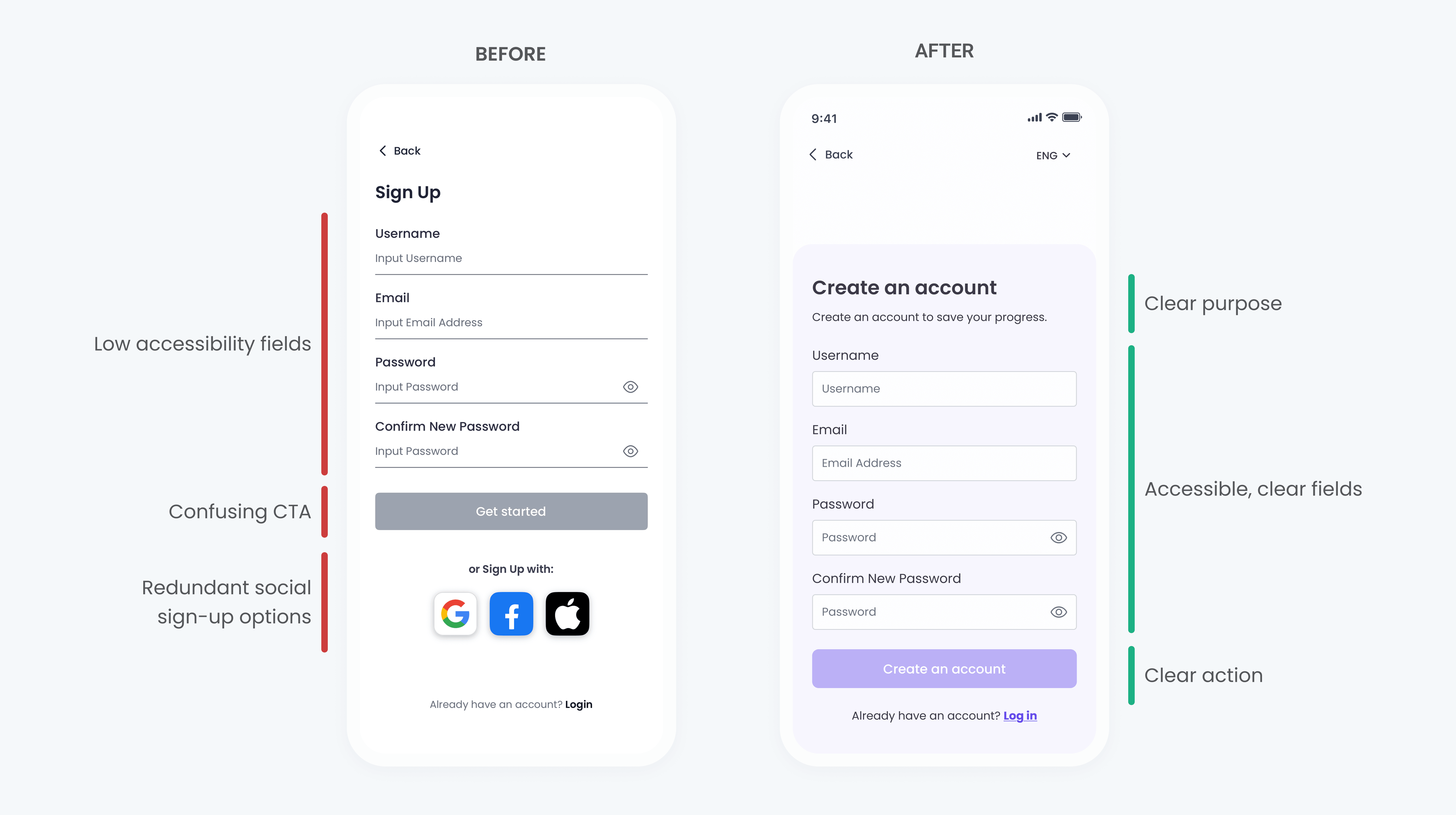 Side-by-side comparison of the Mental Power account creation screen before and after redesign. The original version used underlined text fields, while the redesigned screen uses outlined input fields to improve readability, accessibility, and form clarity, with a clearer primary action for account creation.