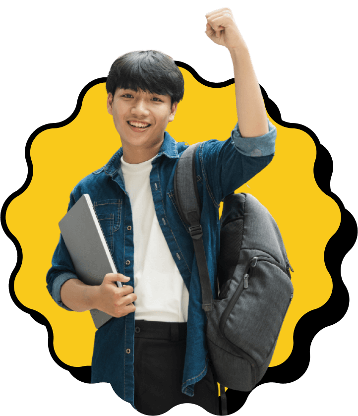 a male student carrying a bagpack cheering and smiling