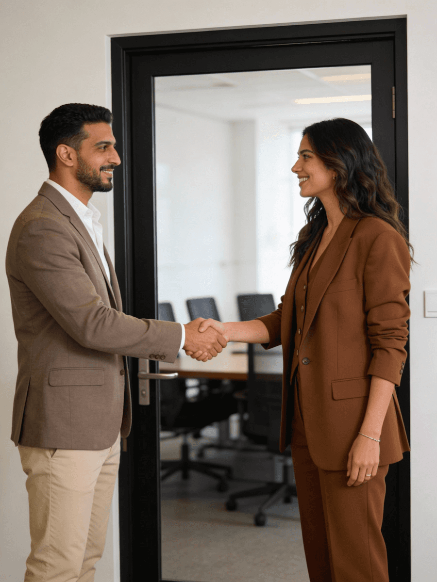 Modern glass office building with white framing, lawn, trees, and clear sky
