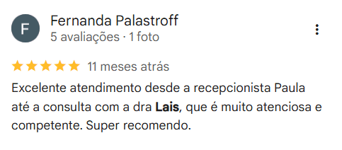 Print de depoimento de paciente sobre atendimento com a Dra. Laís Leal