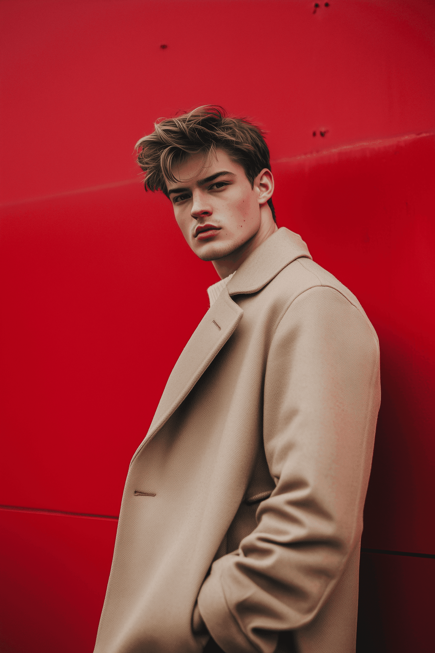 A man in a coat leans against a vibrant red wall, creating a striking contrast in the scene.