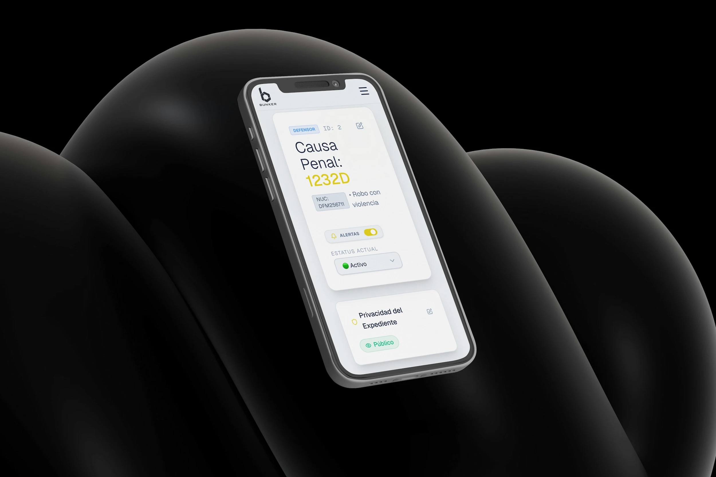 Mockup de un móvíl mostrando la interfaz de Búnker legal, sistema para abogados