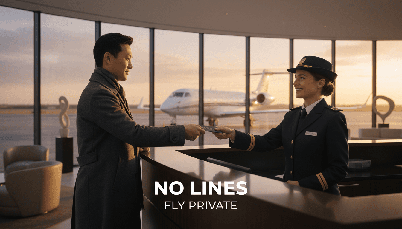 전용 터미널의 조용한 데스크에서 출입국 심사관에게 여권을 건네는 여행객, 유리창 너머로 보이는 전용기 — 전용기 출입국 절차 가이드 2026