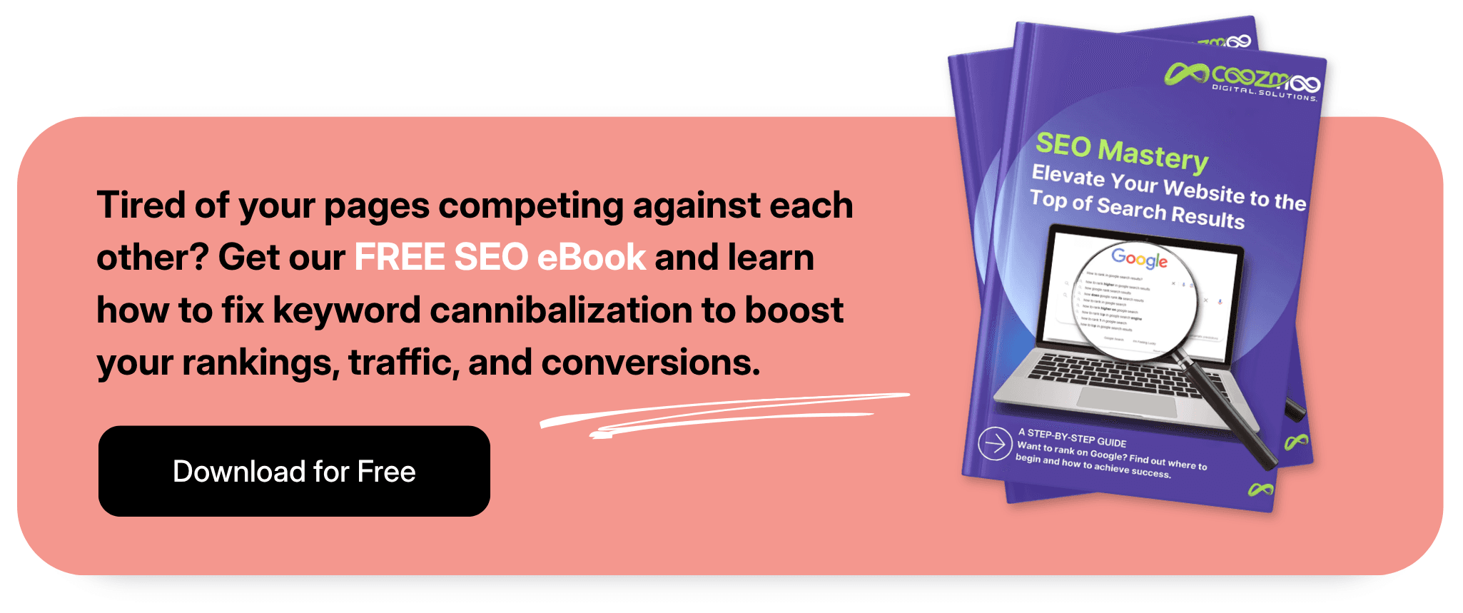 A call-to-action for Coozmoo's SEO Mastery E-book