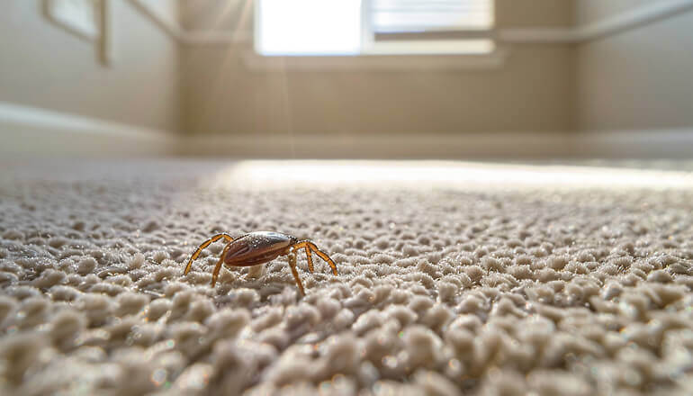 Tick on carpet in house in sun