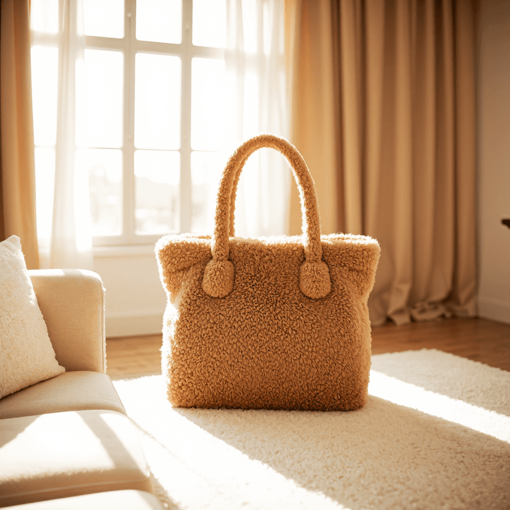 product photography of a fluffy handbag designed for casual use, featuring a soft texture and sturdy handles