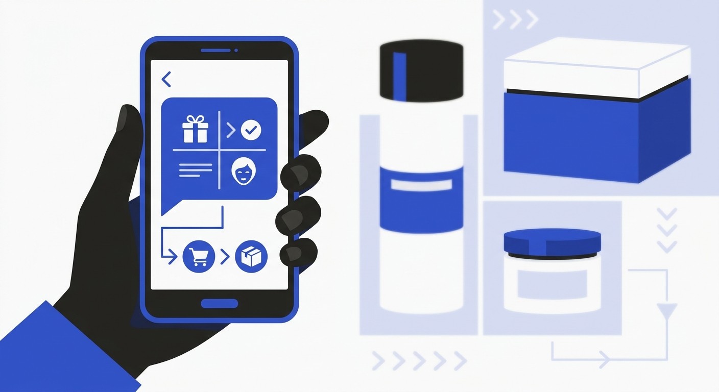 A close-up of a customer holding a smartphone with a promotional text message from a skincare brand, with elegant skincare pa