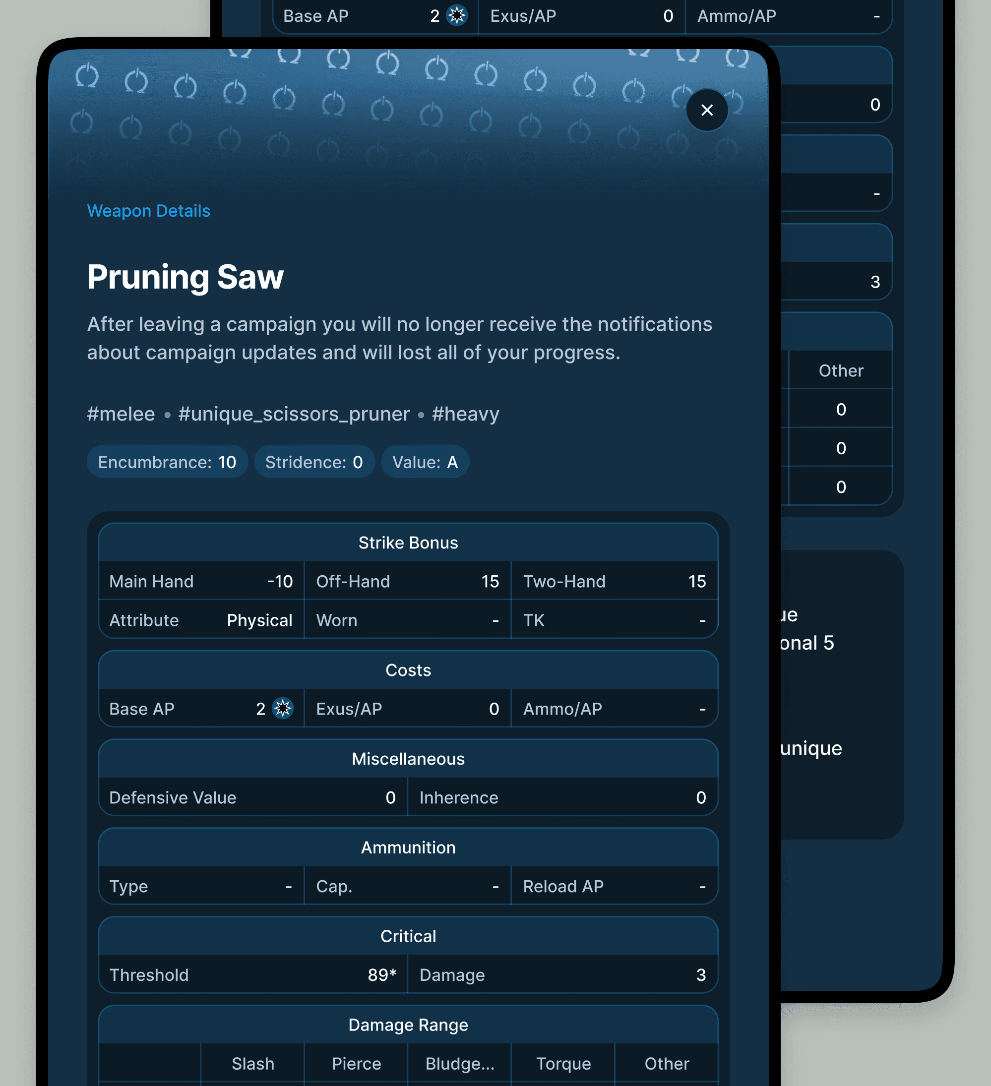 Echelon RPG weapon details and stats interface