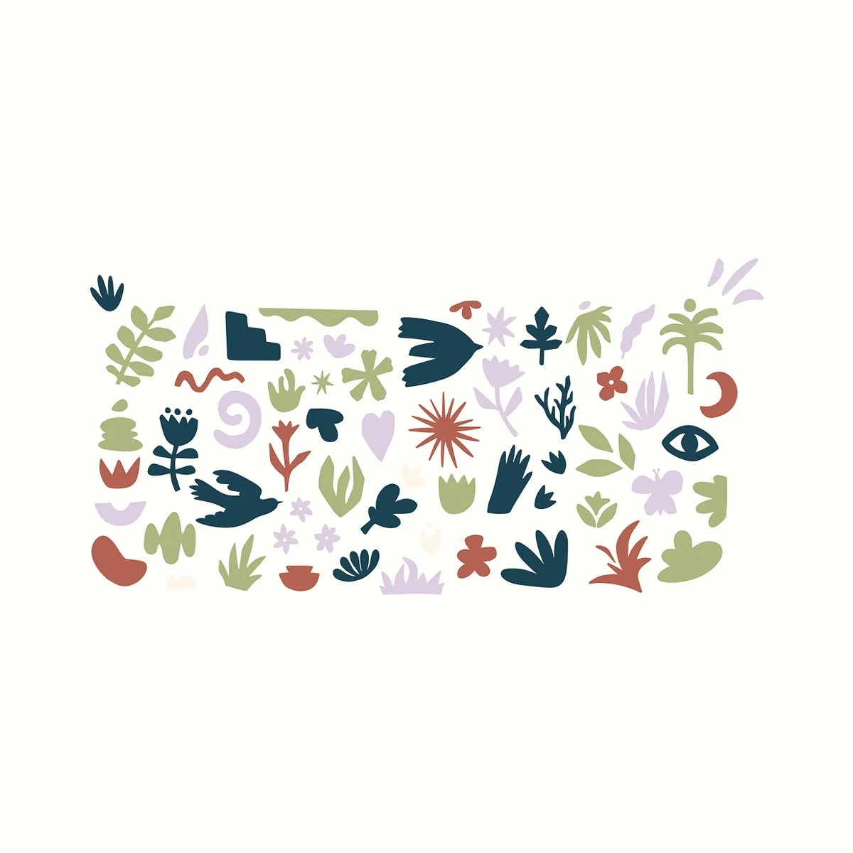 Seedlings illustrated graphic elements: leaves, flowers, birds, an eye and other hand-cut shapes in teal, olive, lavender and clay red