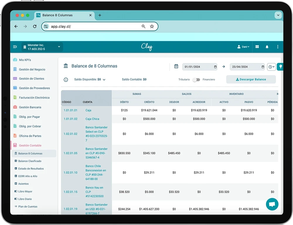 Panel de software contable con Estado de resultados de Clay desde el iPad