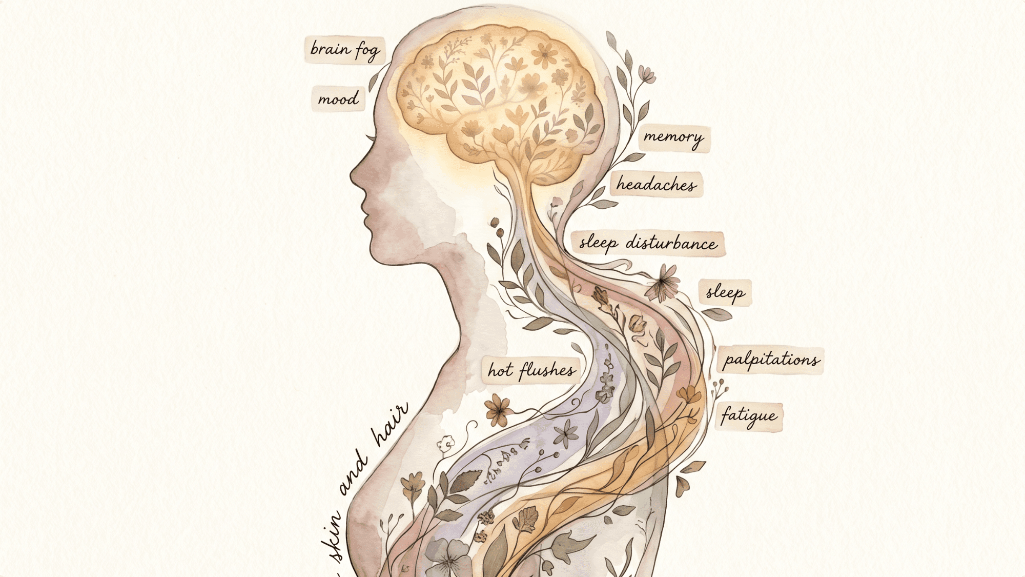 A watercolour illustration of a woman experiencing many different symptoms of perimenopause. You see her brain and the brain fog and nature invoking her being. 